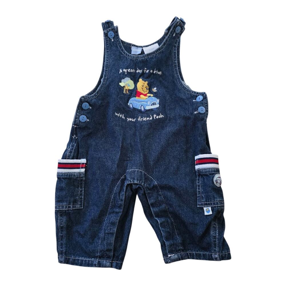 Vintage Disney Winnie Pooh Denim Overalls SZ 3/6M Great Day For Drive Jumper